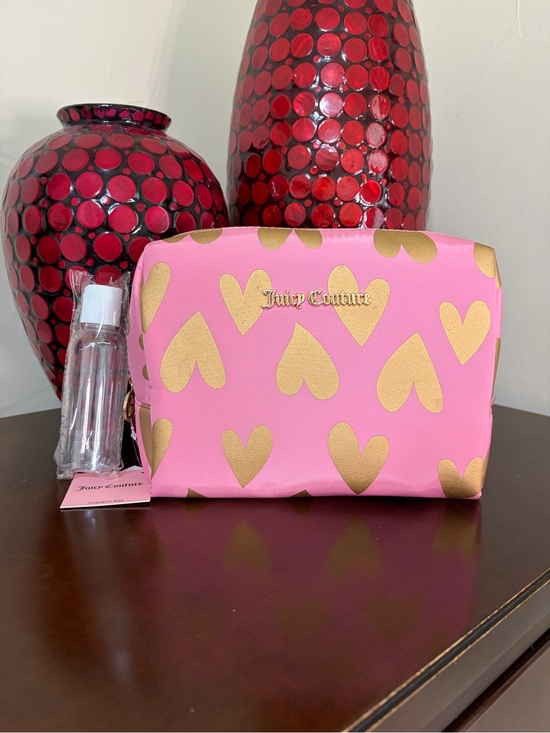 Juicy Couture Handbags - Juicy Couture Pink Cosmetic Pouch with Gold Heart Motif and Travel Bottle